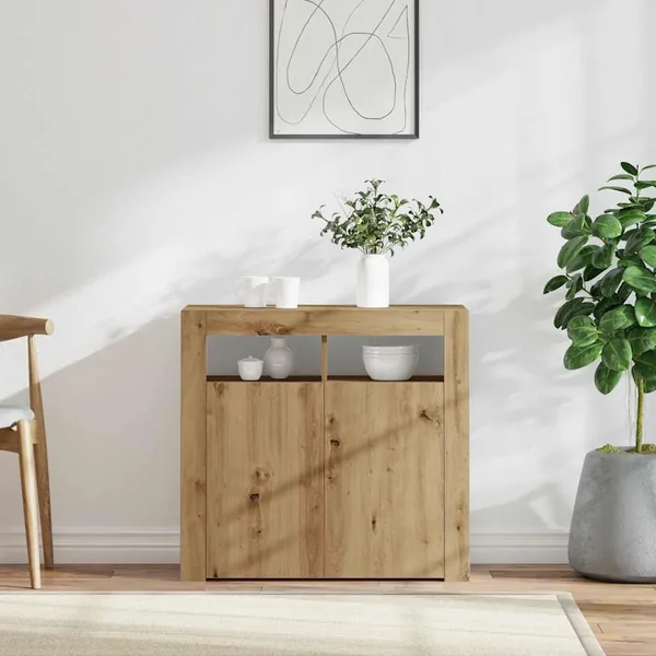 Buffet avec lumières LED chêne artisanal bois d'ingénierie