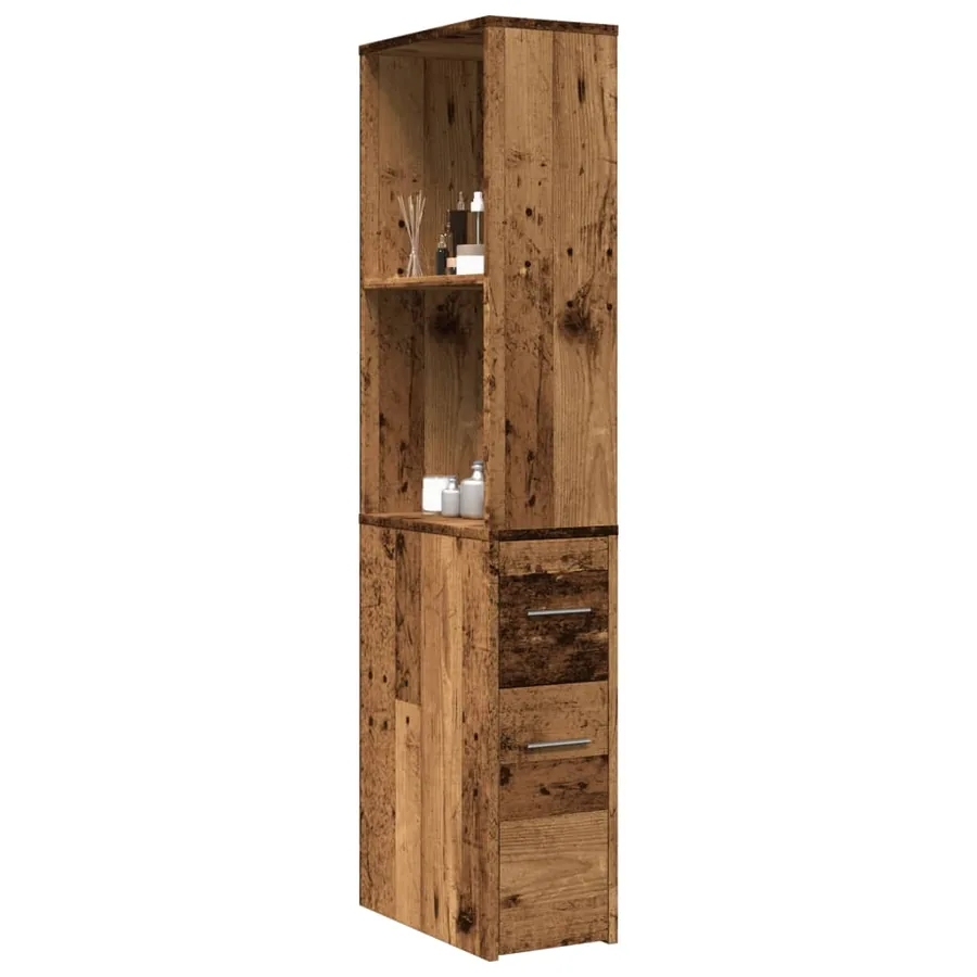 Armoire de salle de bain étroite avec roulettes vieux bois