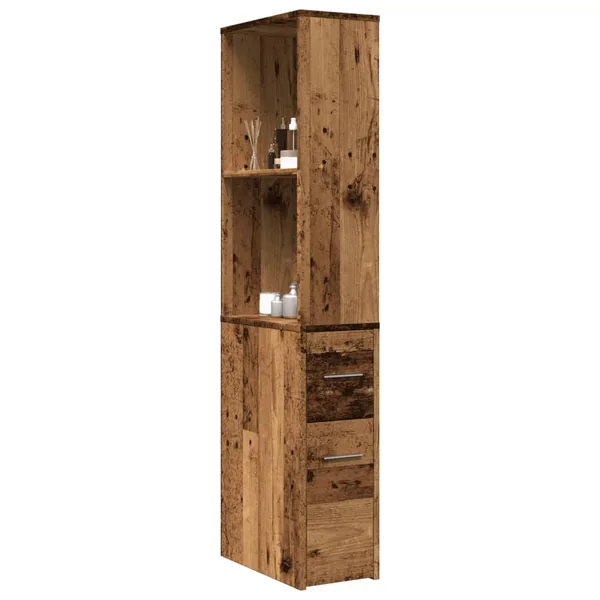Armoire de salle de bain étroite avec roulettes vieux bois