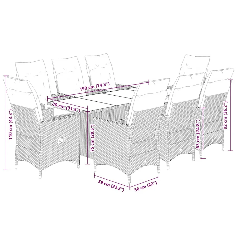 Ensemble à manger de jardin 9pcs coussins noir résine tressée - 9