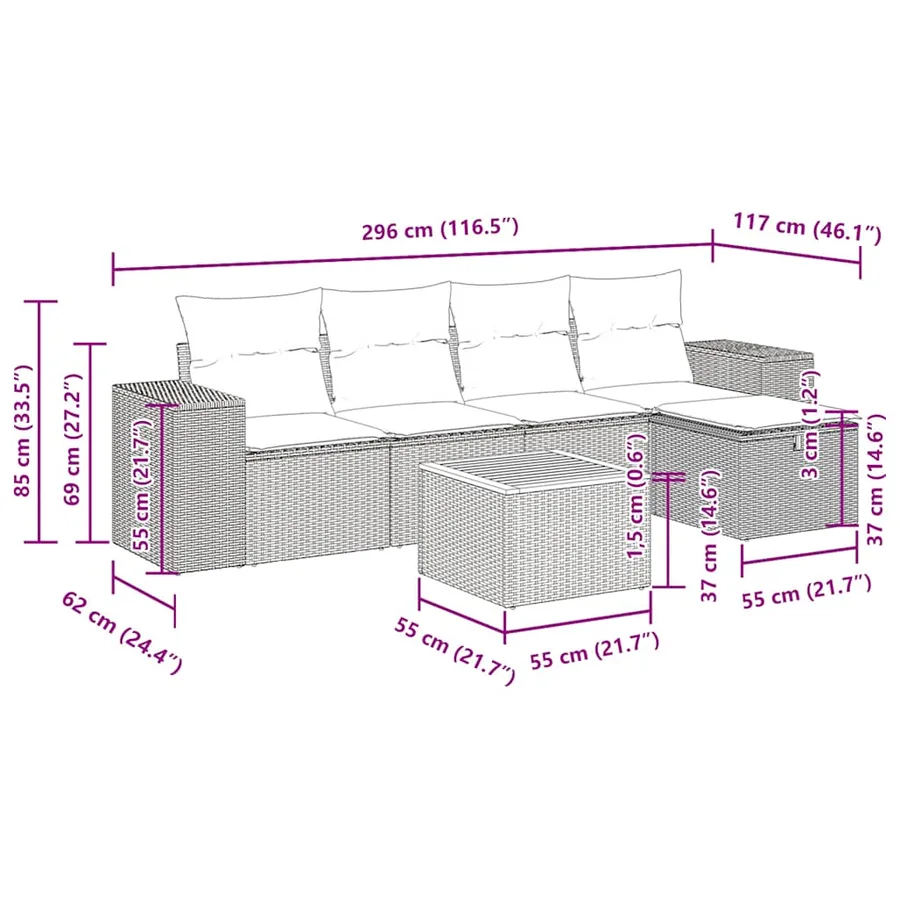 Salon de jardin 6 pcs avec coussins gris résine tressée - 12