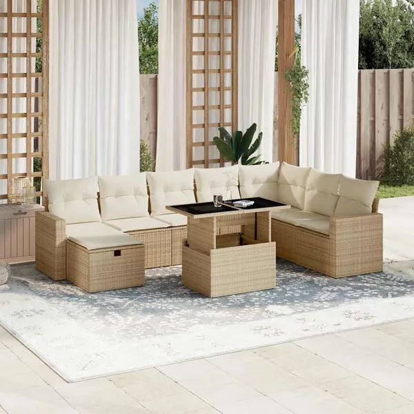 Salon de jardin avec coussins 9 pcs beige résine tressée
