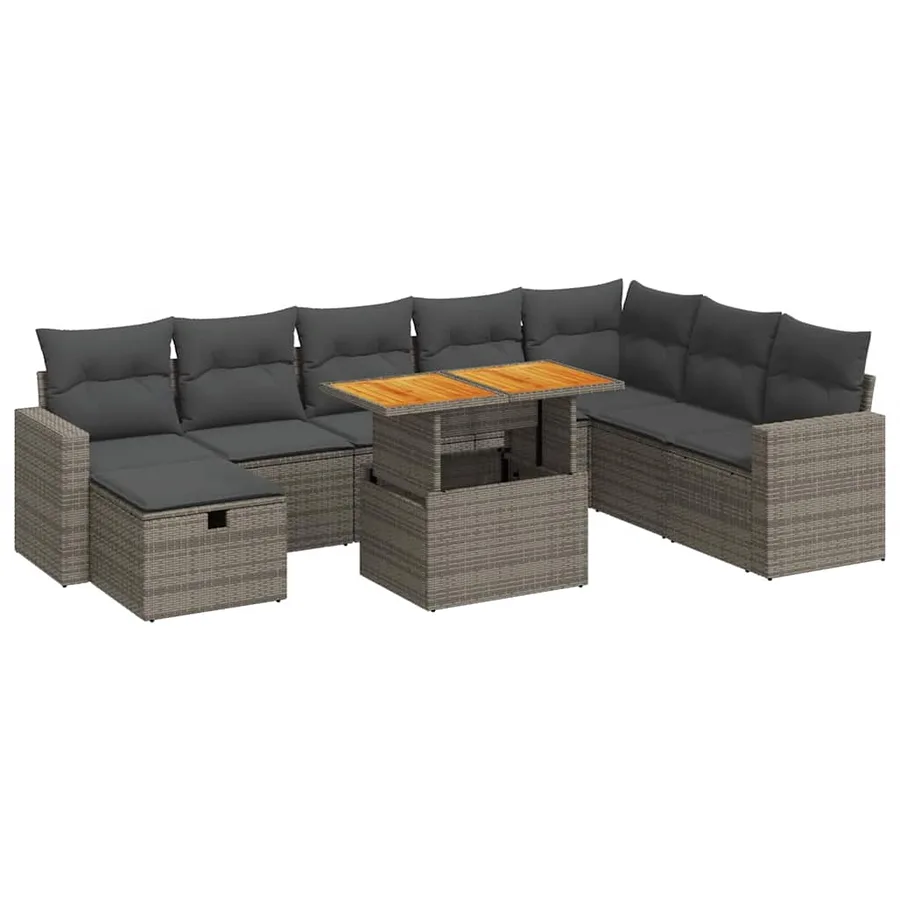 Salon de jardin avec coussins 9 pcs gris résine tressée acacia - 2