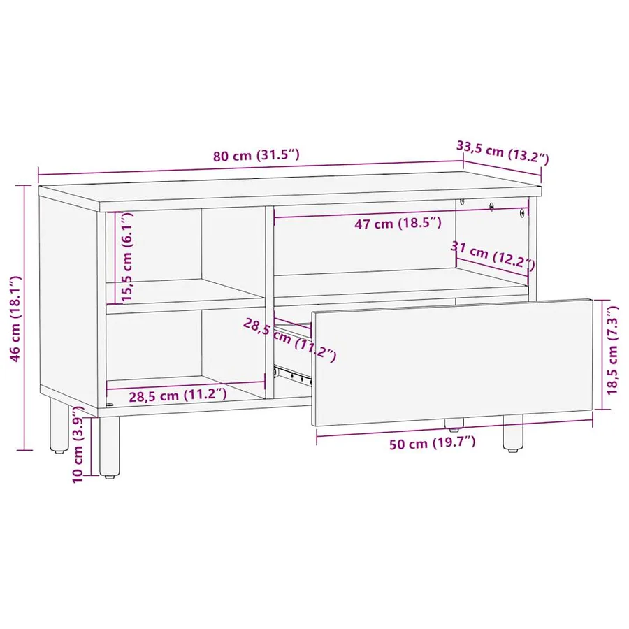 Meuble TV noir 80x33,5x46 cm bois massif manguier brut - 12