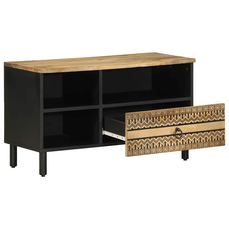 Meuble TV noir 80x33,5x46 cm bois massif manguier brut - 2