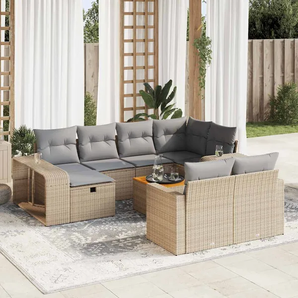 Salon de jardin 11 pcs avec coussins beige résine tressée
