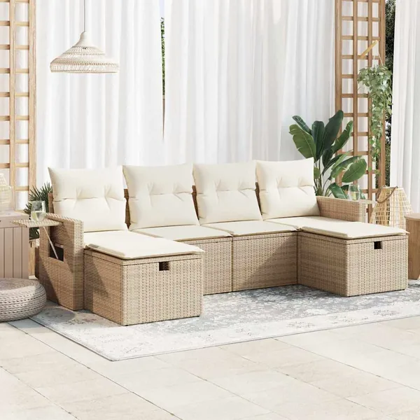Salon de jardin avec coussins 6 pcs beige résine tressée
