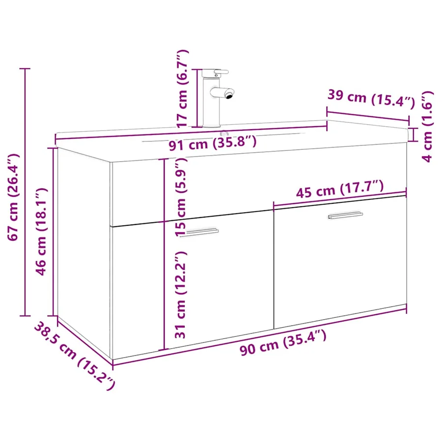 Armoire lavabo de salle de bain et bassin intégré chêne sonoma - 11