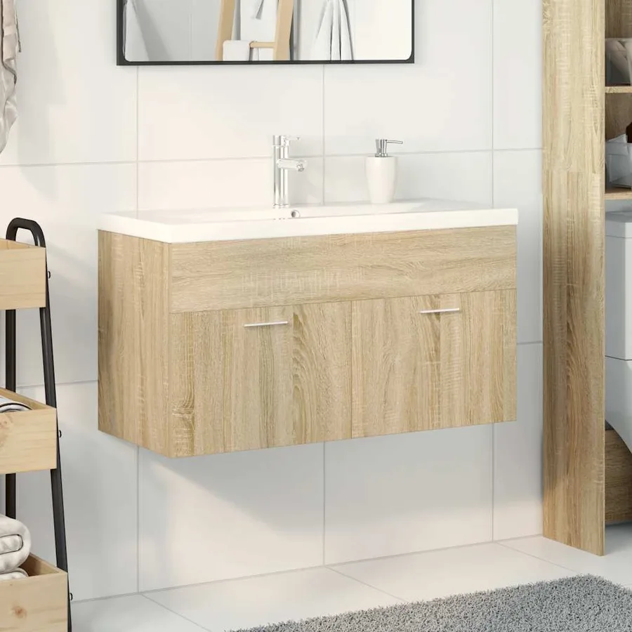 Armoire lavabo de salle de bain et bassin intégré chêne sonoma - 3