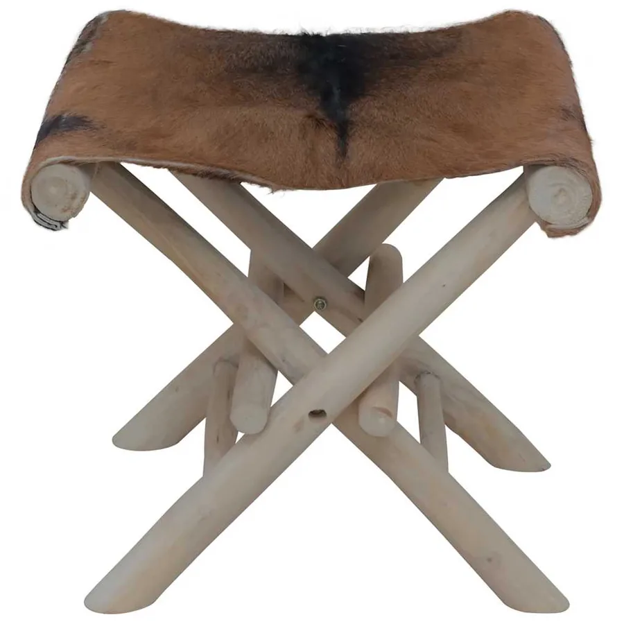 Tabouret pliable cuir de chèvre et bois de teck massif - 2
