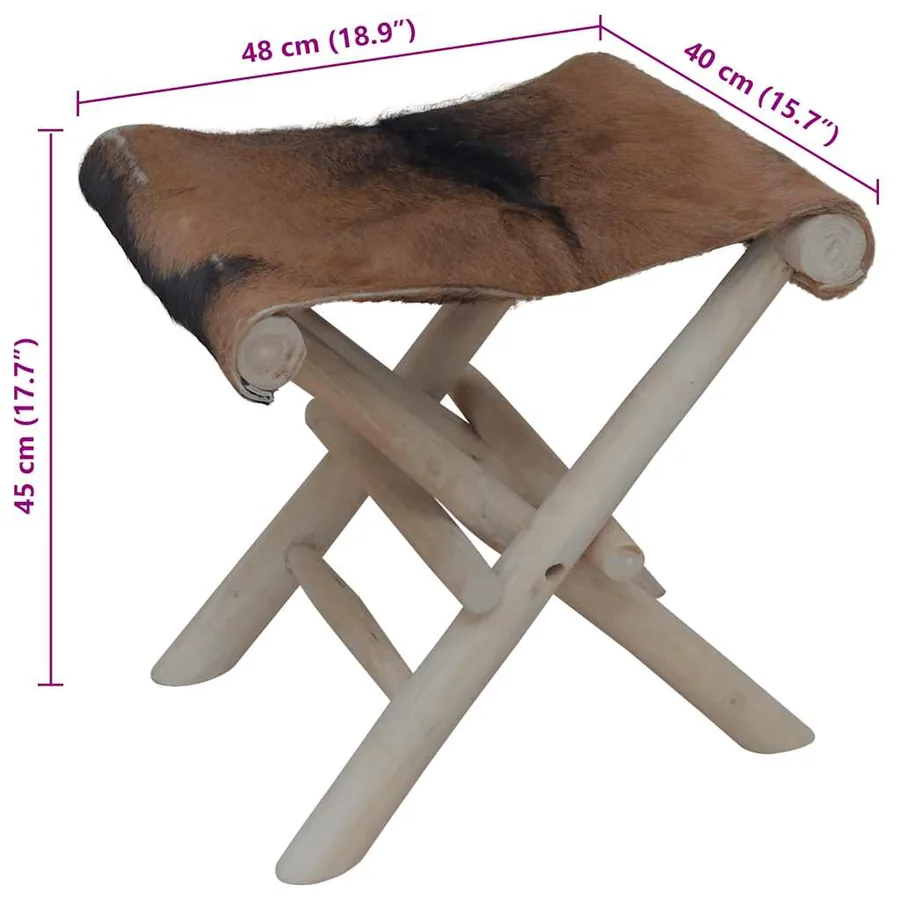 Tabouret pliable cuir de chèvre et bois de teck massif - 8