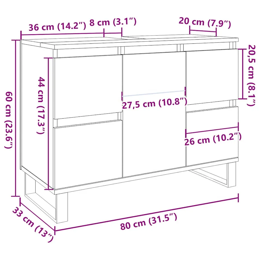 Armoire de lavabo salle de bain gris béton 80x33x60 cm - 12