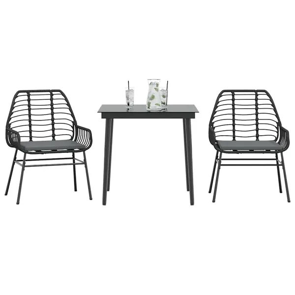 Ensemble à manger de jardin et coussins 3 pcs noir rotin verre