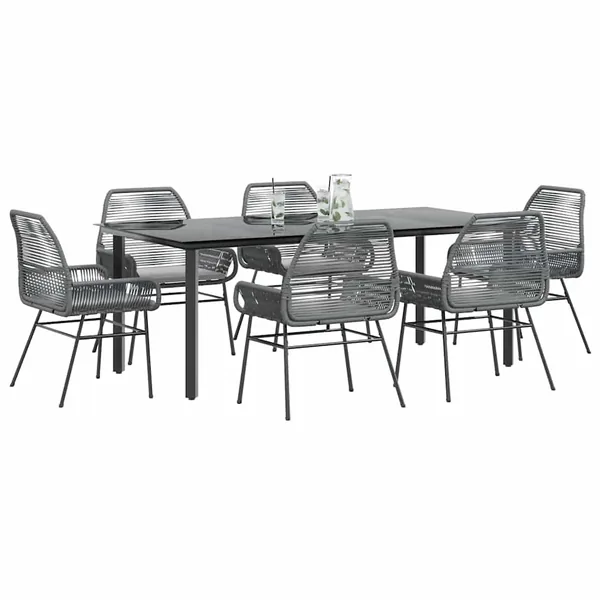 Ensemble à manger jardin coussins 7 pcs gris poly rotin verre