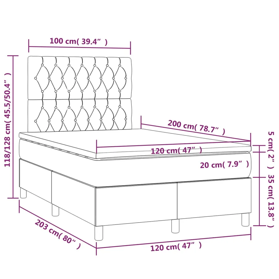 Sommier à lattes de lit matelas et LED Noir 120x200 cm Velours - 8