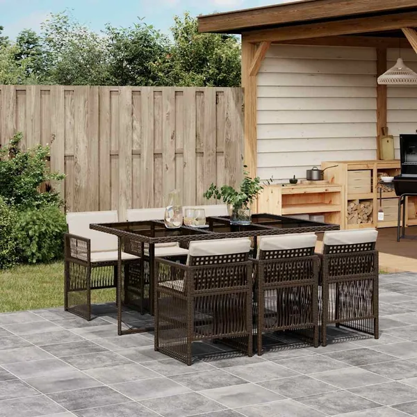 Ensemble à manger de jardin et coussins 7 pcs marron rotin