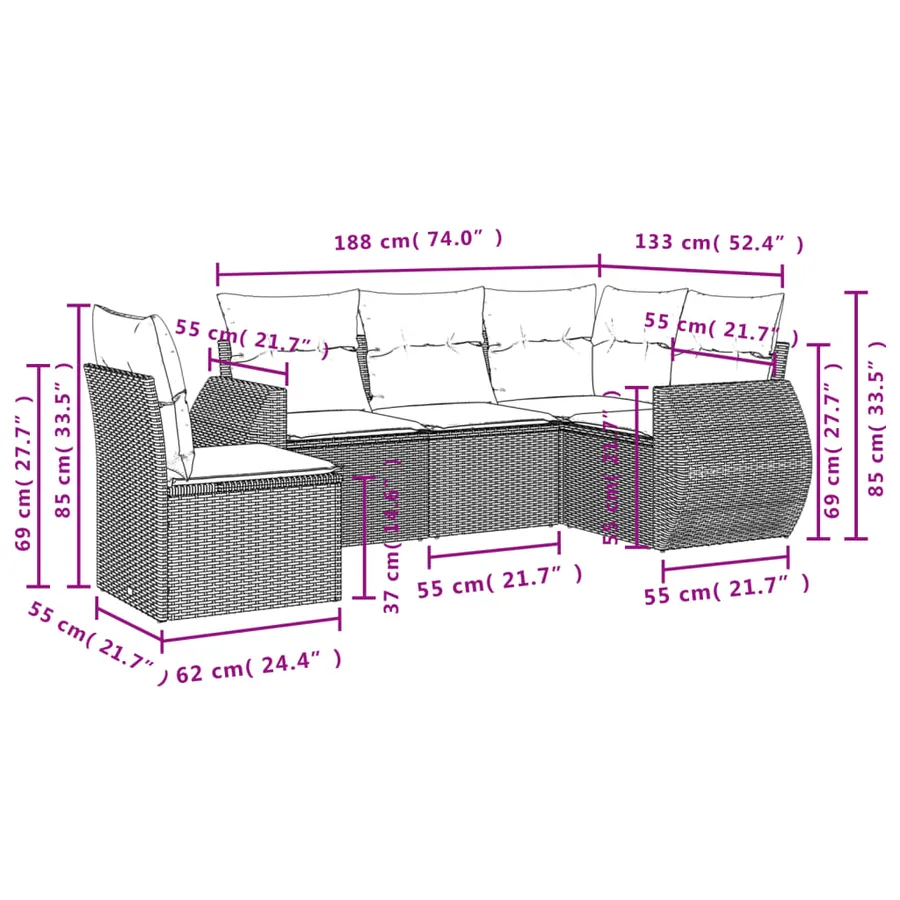 Salon de jardin avec coussins 5 pcs marron résine tressée - 7