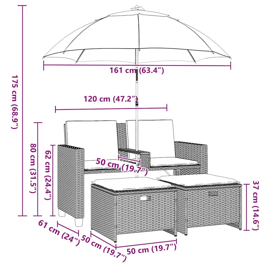 Canapé de jardin 2 places et parasol tabourets gris clair rotin - 12