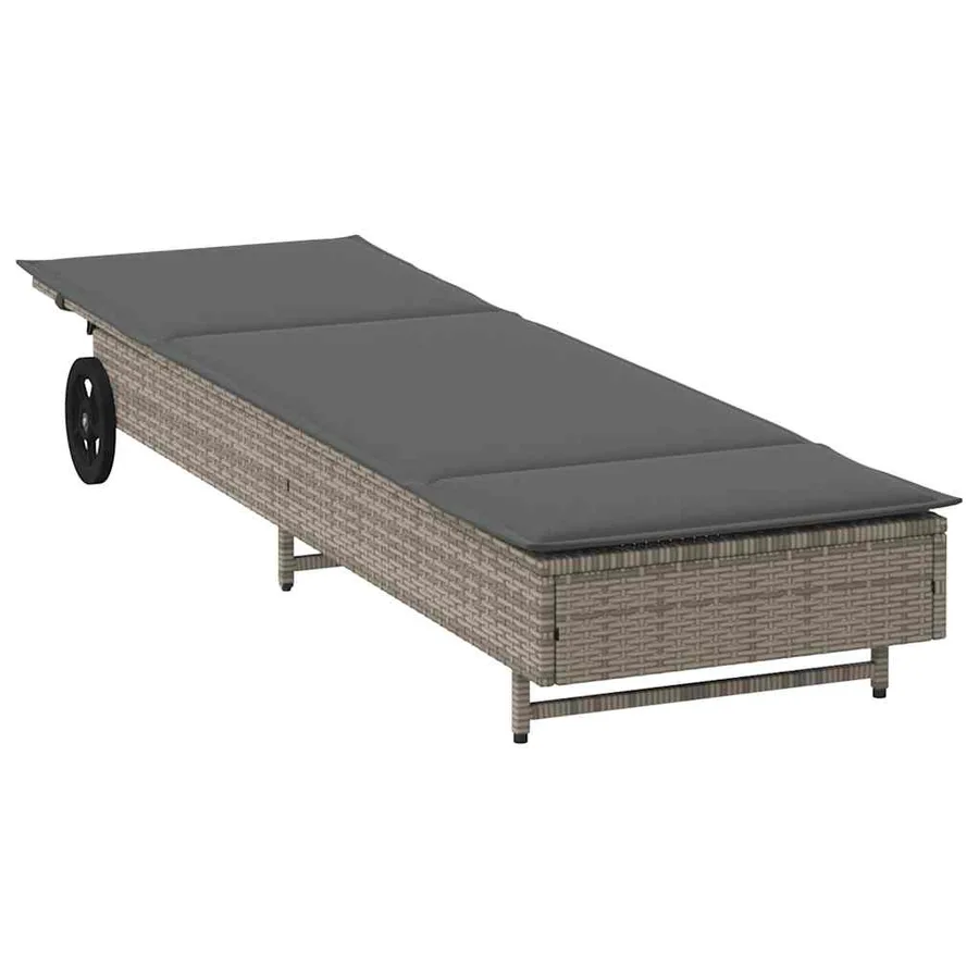 Chaise longue avec roues et coussin gris résine tressée - 5