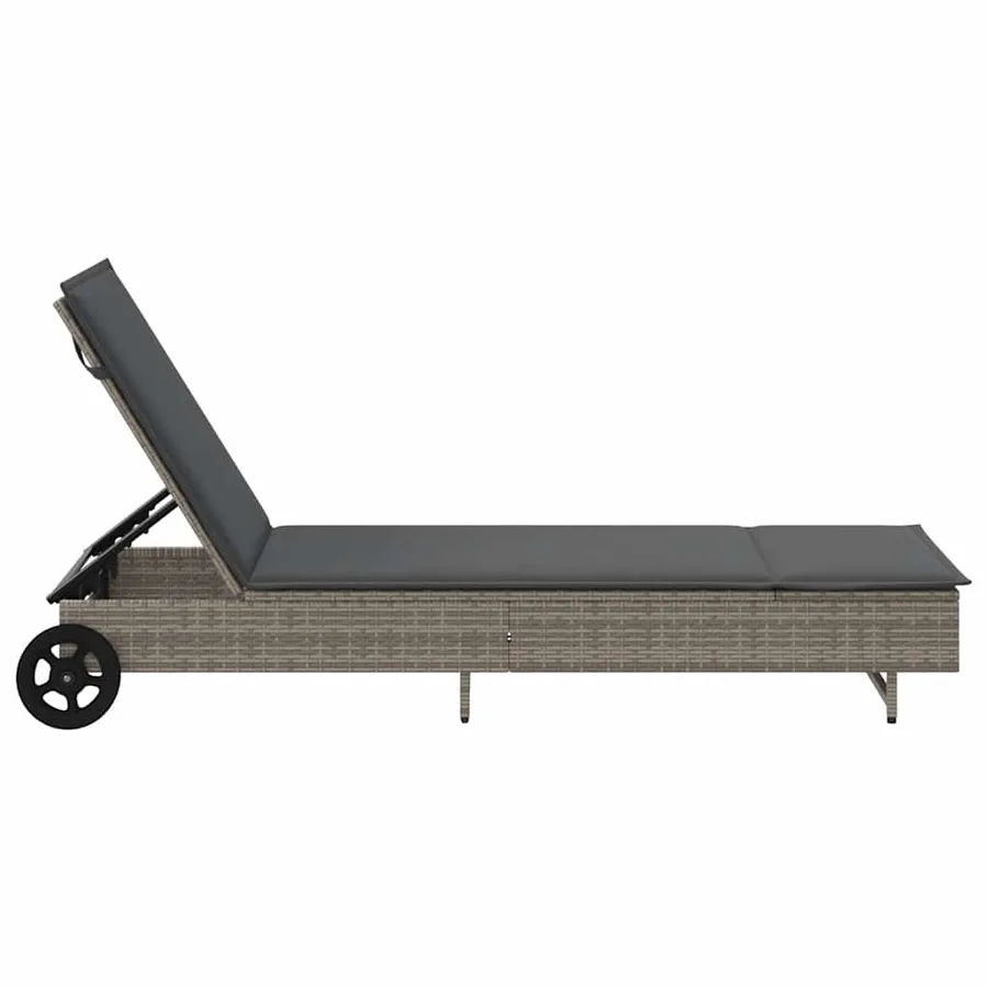 Chaise longue avec roues et coussin gris résine tressée - 7