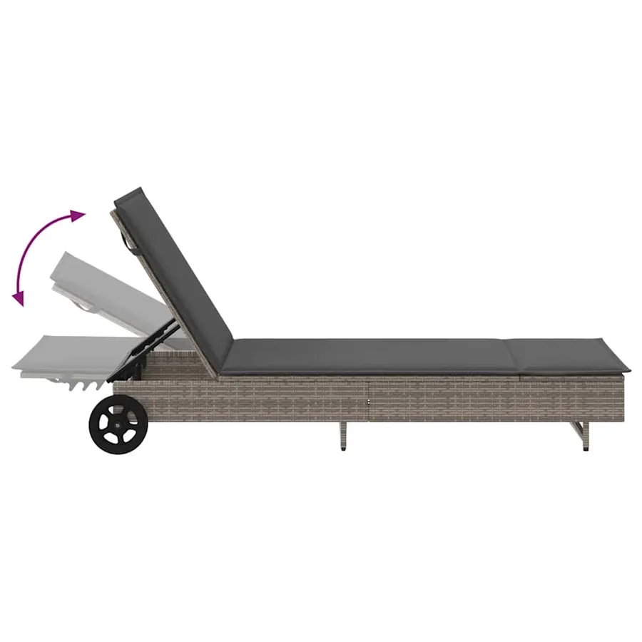 Chaise longue avec roues et coussin gris résine tressée - 9