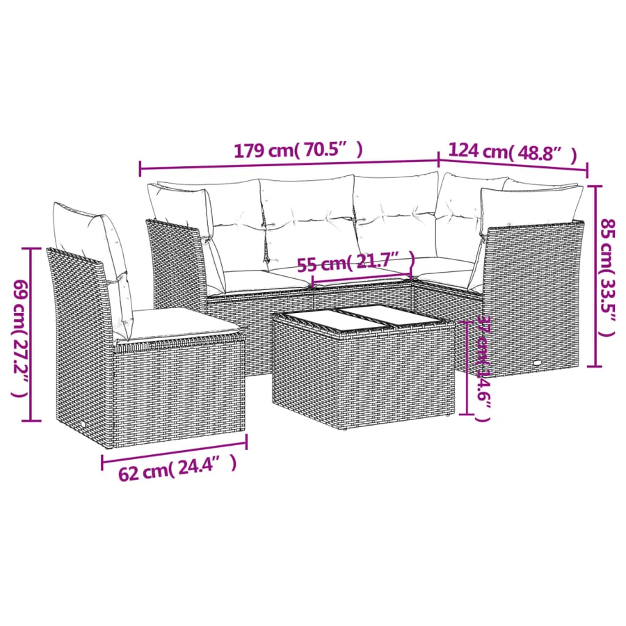 Salon de jardin avec coussins 6 pcs marron résine tressée - 3