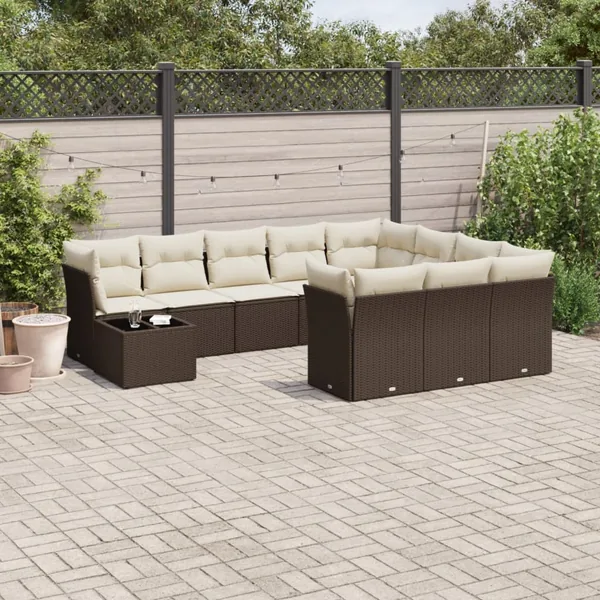 Salon de jardin et coussins 11 pcs marron résine tressée