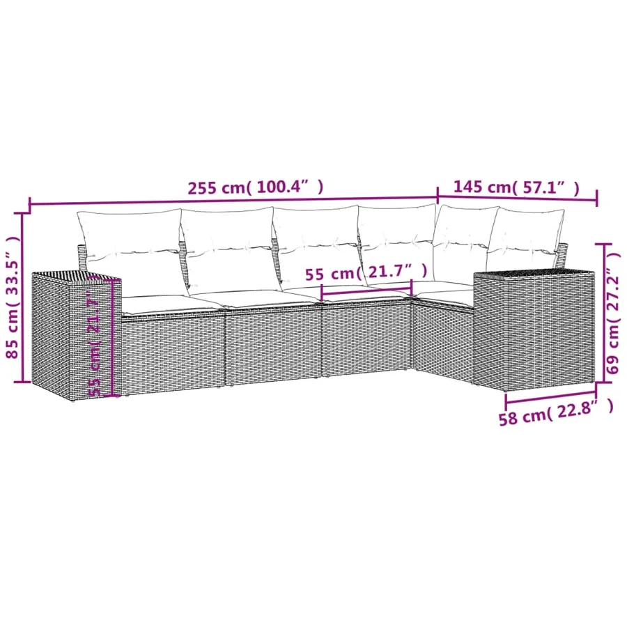 Salon de jardin avec coussins 5 pcs marron résine tressée - 7