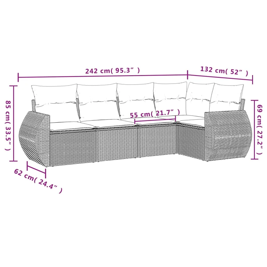 Salon de jardin avec coussins 5 pcs marron résine tressée - 3