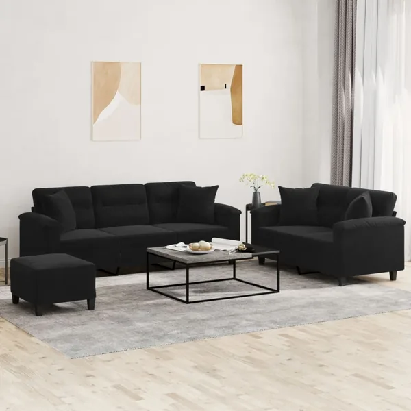 Ensemble de canapés 3 pcs avec coussins Noir Tissu microfibre