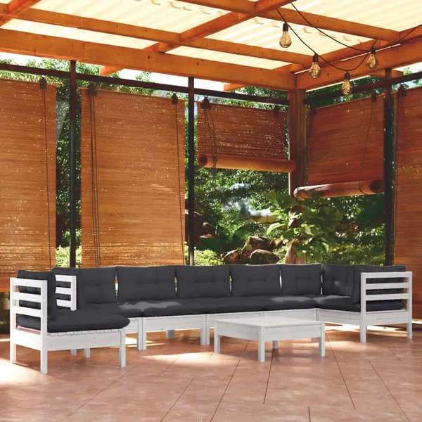 Salon de jardin 9 pcs avec coussins blanc bois de pin massif