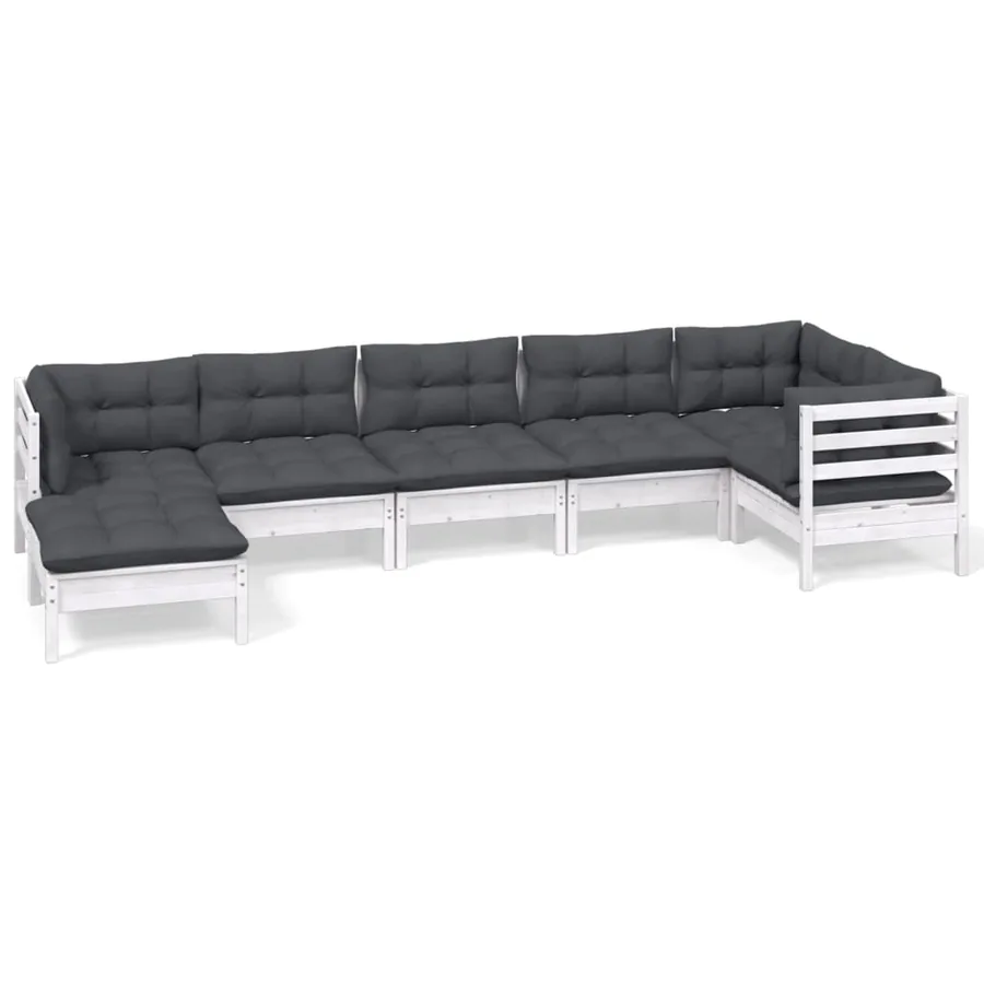 Salon de jardin 7 pcs avec coussins blanc bois de pin massif - 2