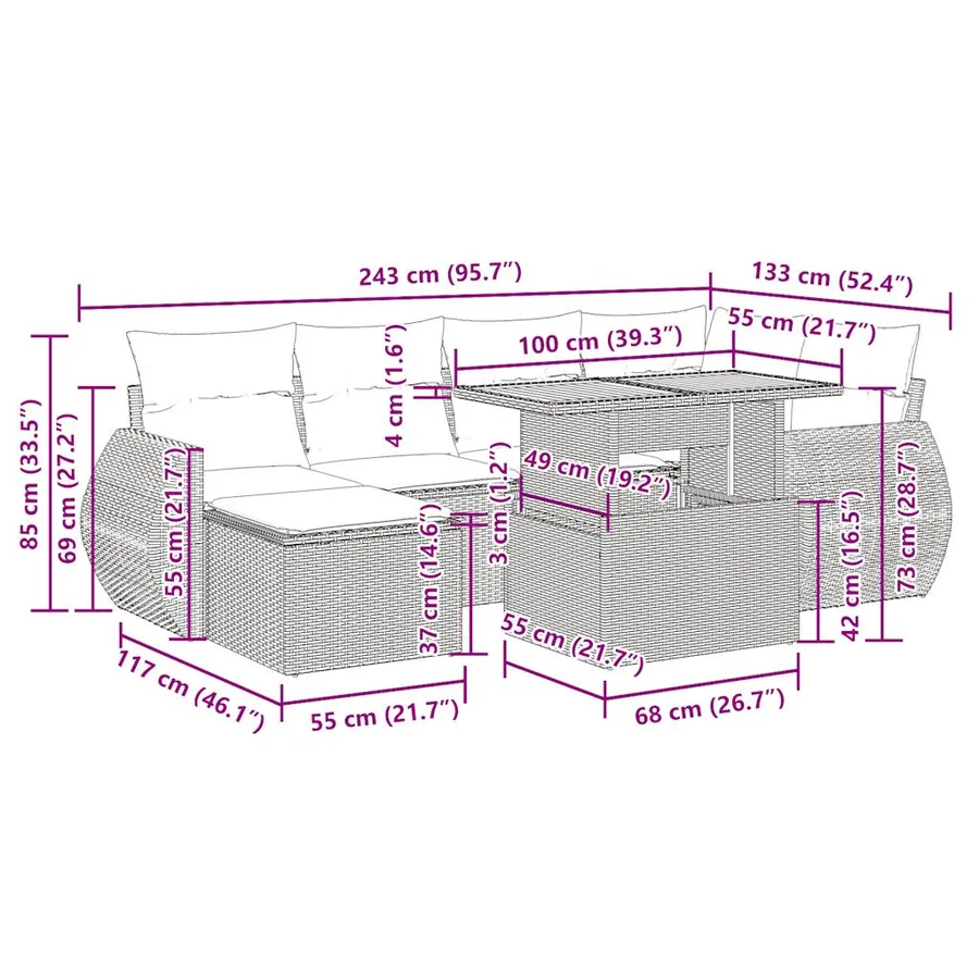 Salon de jardin avec coussins 7 pcs beige résine tressée - 16