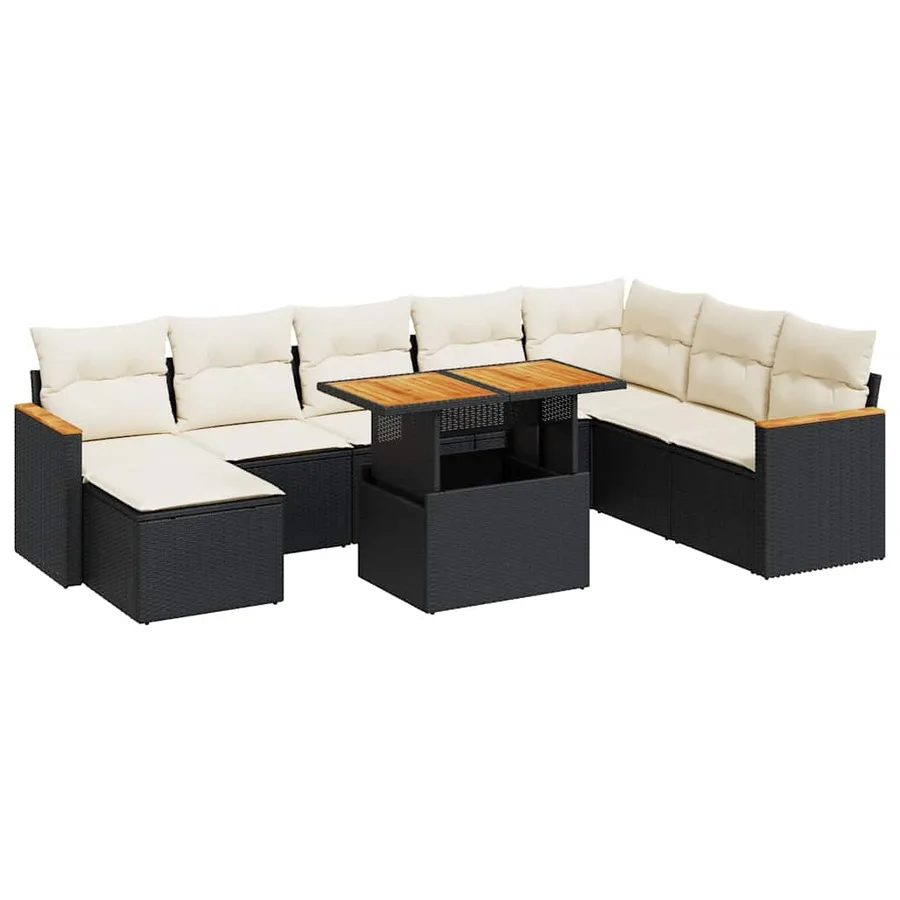 Salon de jardin avec coussins 9 pcs noir résine tressée acacia - 2