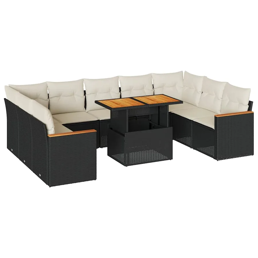 Salon de jardin 10 pcs avec coussins noir résine tressée acacia - 2