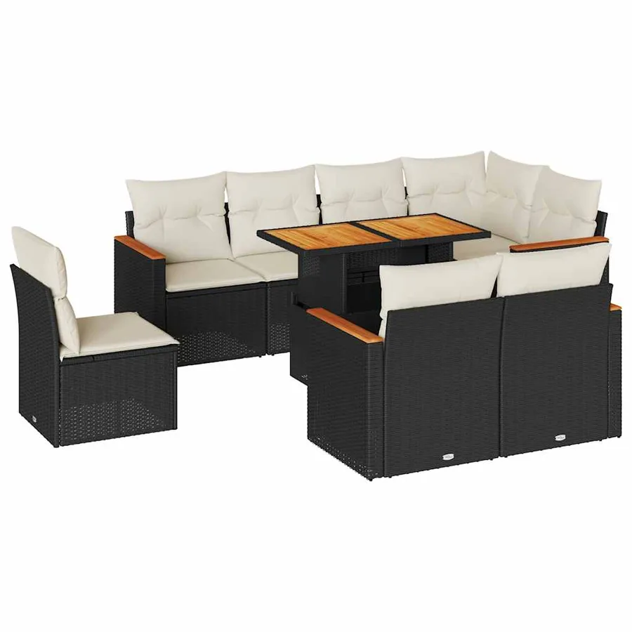 Salon de jardin avec coussins 9 pcs noir résine tressée acacia - 2