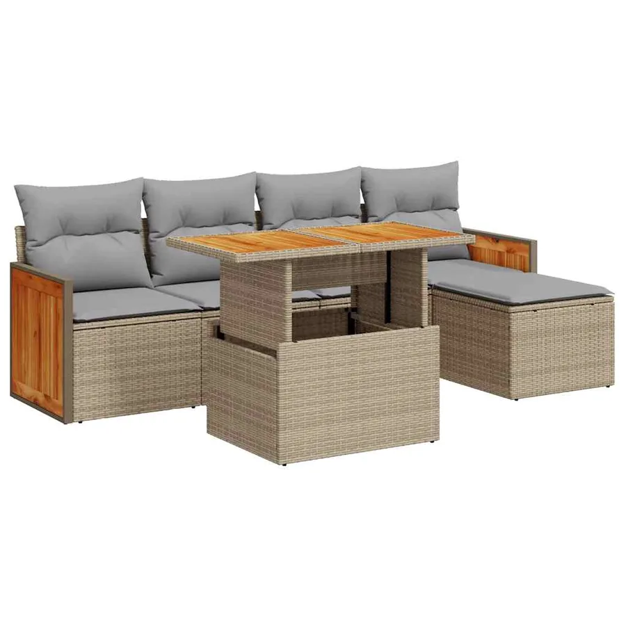 Salon de jardin 6 pcs avec coussins beige résine tressée acacia - 2