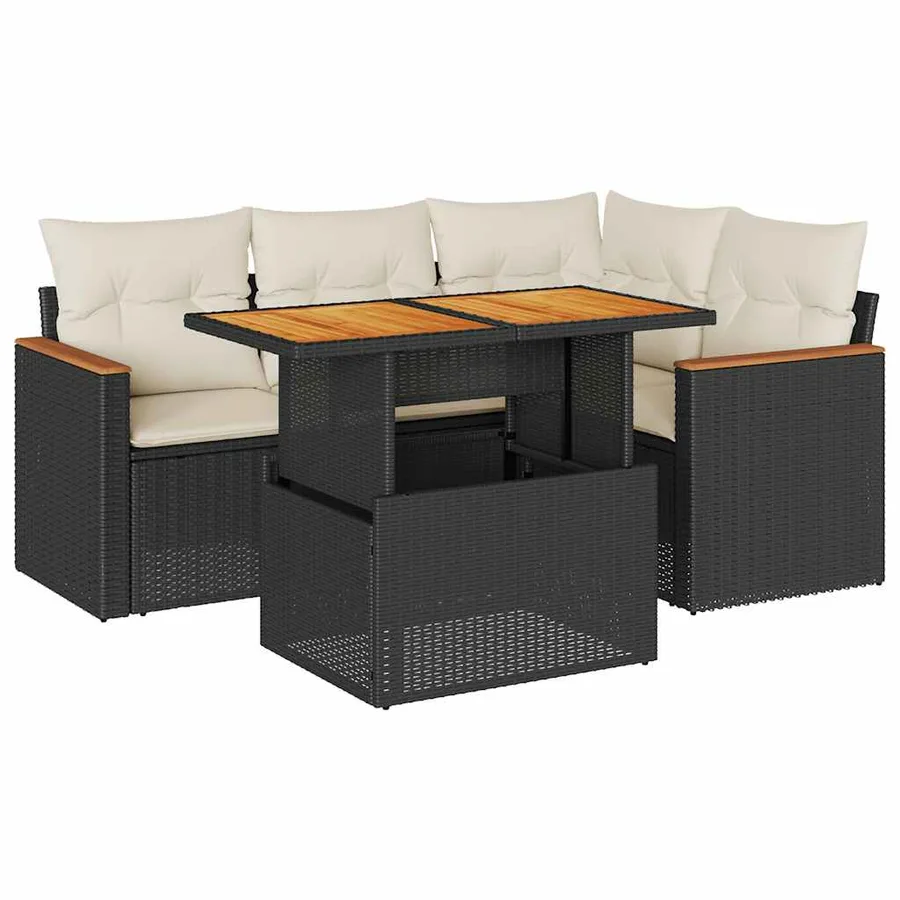 Salon de jardin 5 pcs avec coussins noir résine tressée acacia - 2