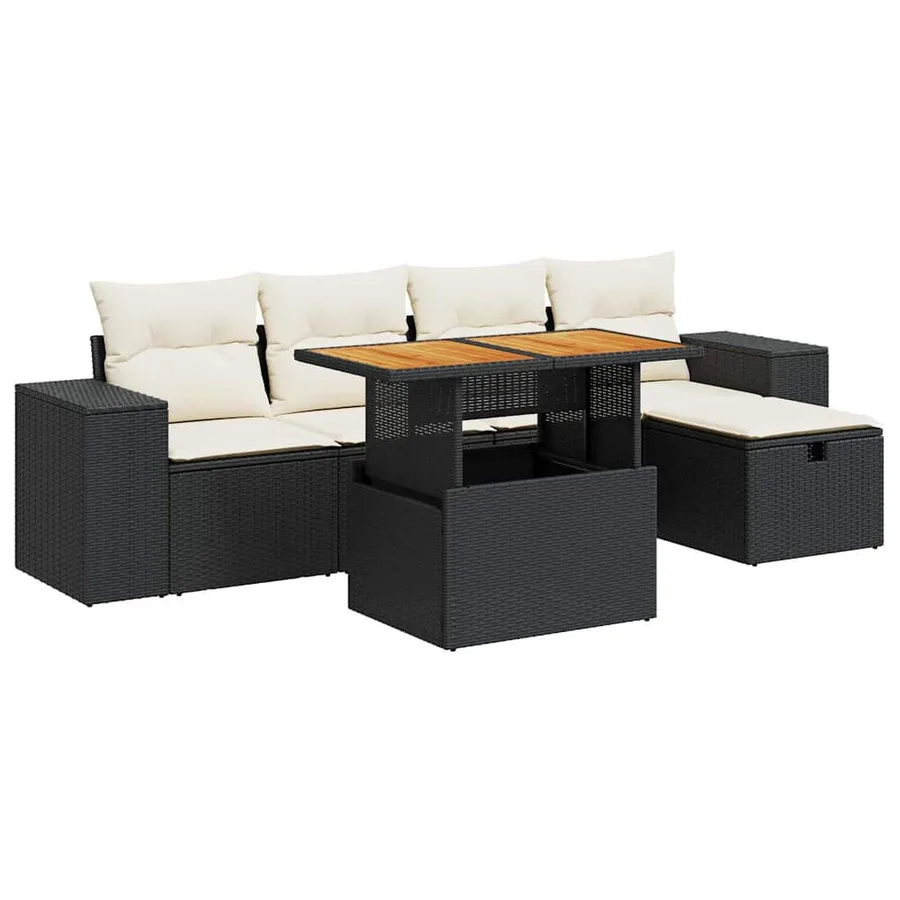 Salon de jardin 6 pcs avec coussins noir résine tressée acacia - 2