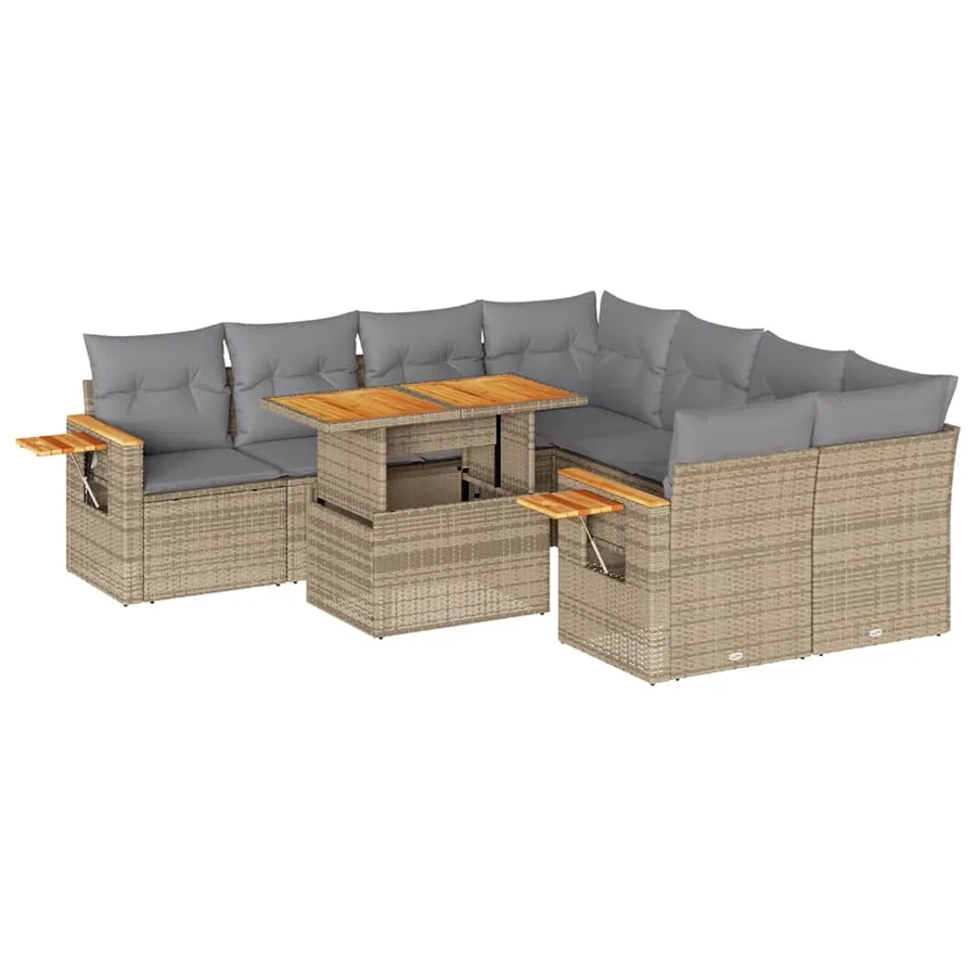 Salon de jardin avec coussins 9 pcs beige résine tressée acacia - 2