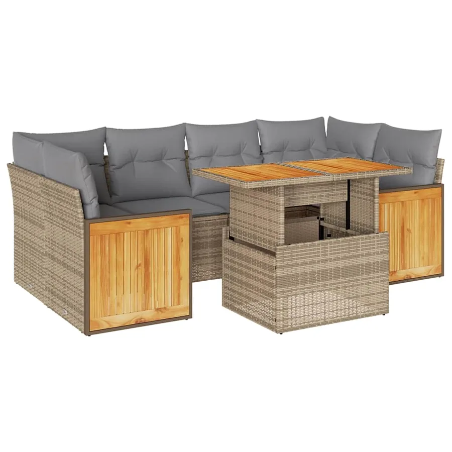 Salon de jardin avec coussins 7 pcs beige résine tressée acacia - 2