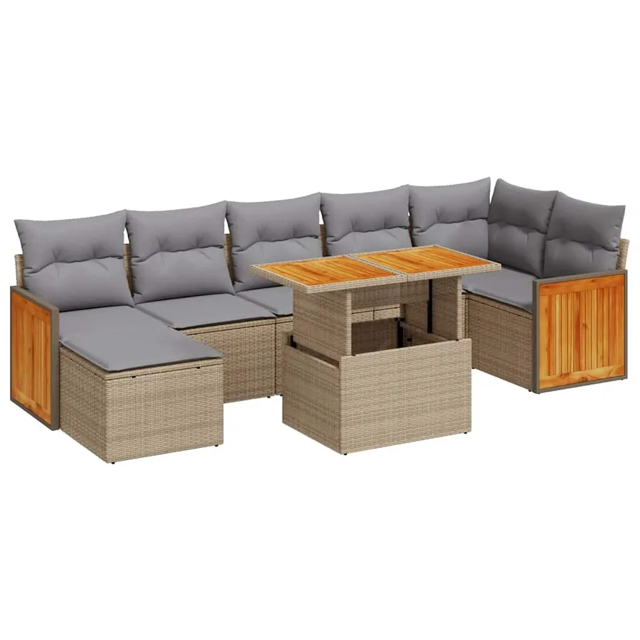 Salon de jardin avec coussins 8 pcs beige résine tressée acacia - 2