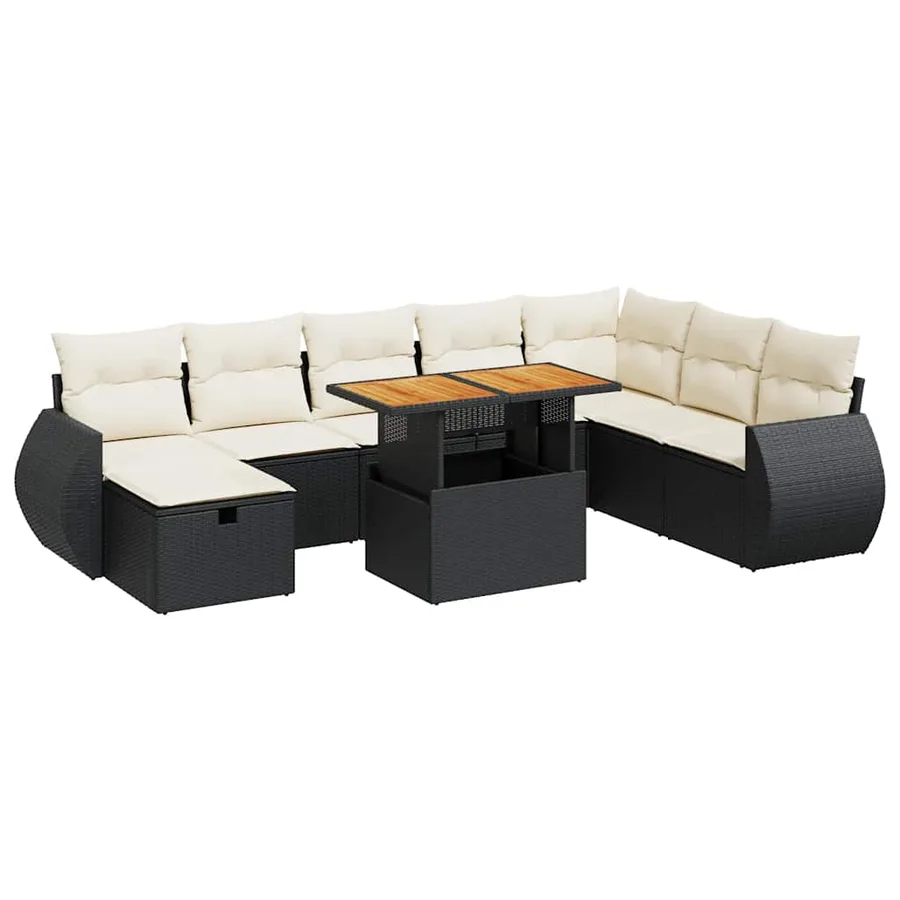 Salon de jardin avec coussins 9 pcs noir résine tressée acacia - 2