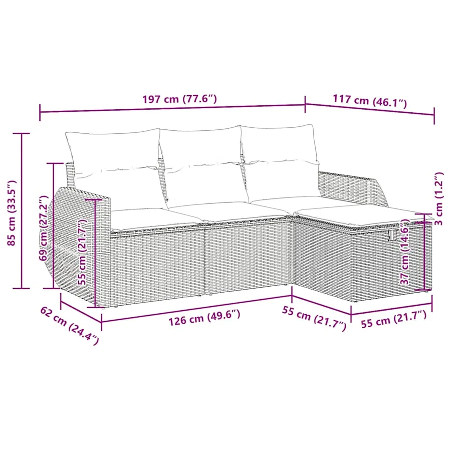 Salon de jardin 4 pcs avec coussins gris clair résine tressée - 12