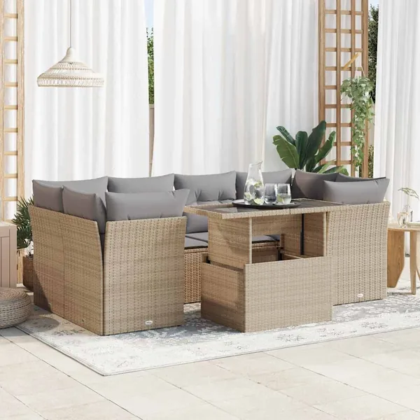 Salon de jardin avec coussins 7 pcs beige résine tressée