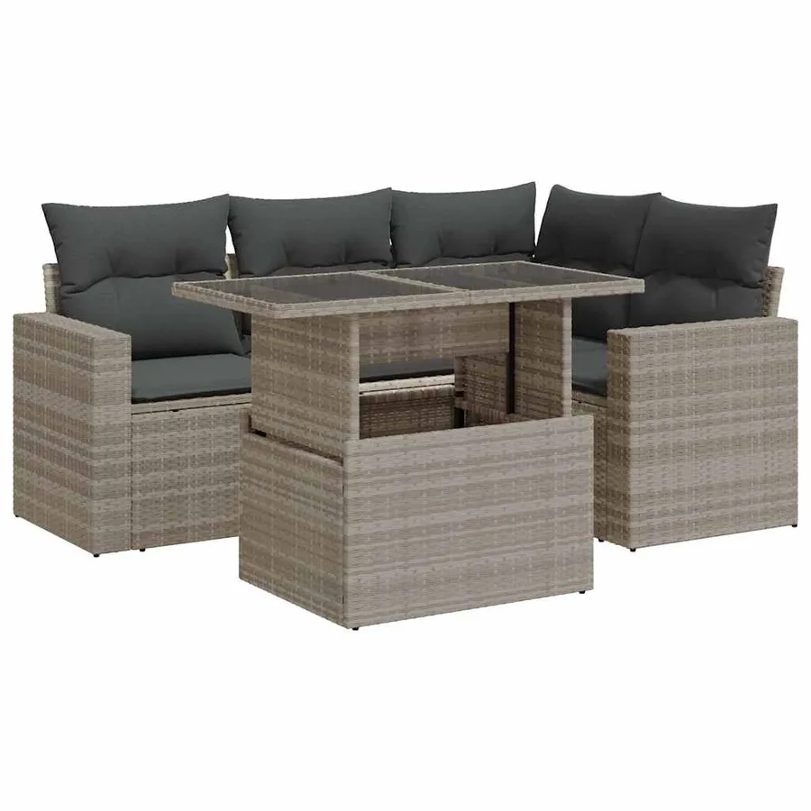 Salon de jardin 5 pcs avec coussins gris clair résine tressée - 2