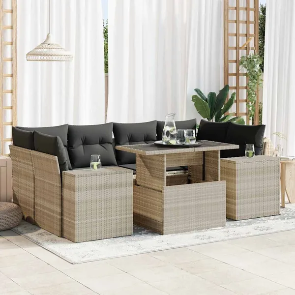 Salon de jardin avec coussins 7 pcs gris clair résine tressée