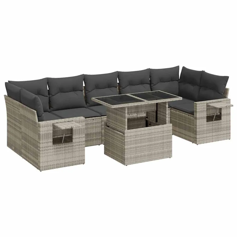 Salon de jardin 8 pcs avec coussins gris clair résine tressée - 2