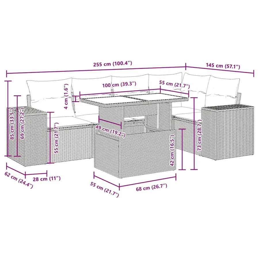 Salon de jardin 6 pcs avec coussins gris résine tressée - 16