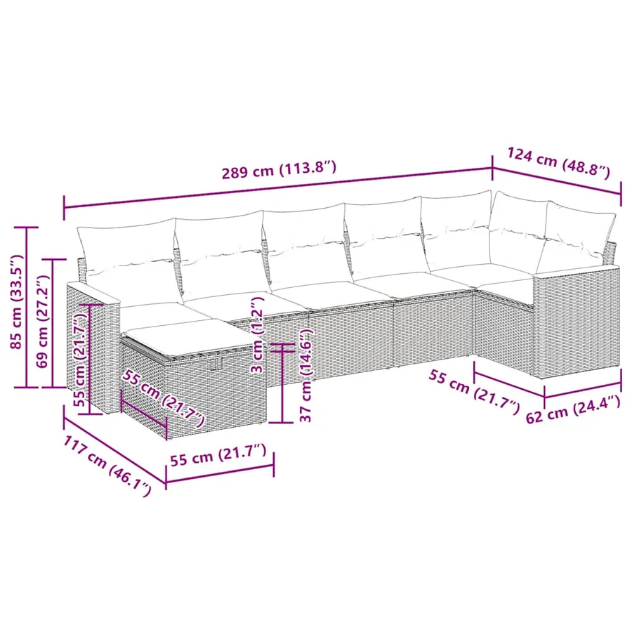 Salon de jardin 7 pcs avec coussins noir résine tressée 62 x 62 x 69 cm - 59,2 kg - 16